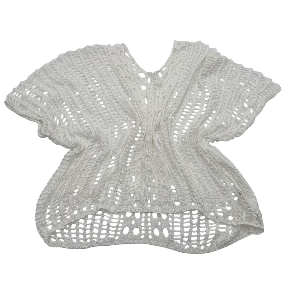 White Open Knit Crochet V-Neck Top Boho Summer Sheer Ladder Stitch Cover Up OS